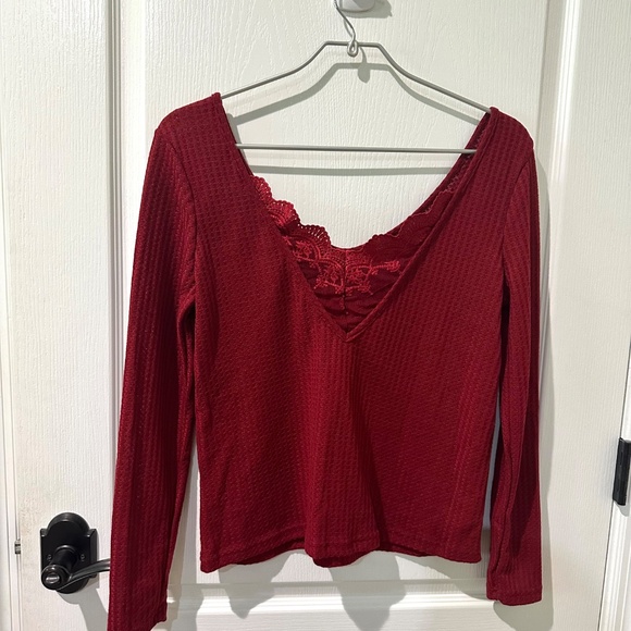 SHEIN Red Frenchy Lace Spliced Long Sleeve Waffle Top - Picture 7 of 10